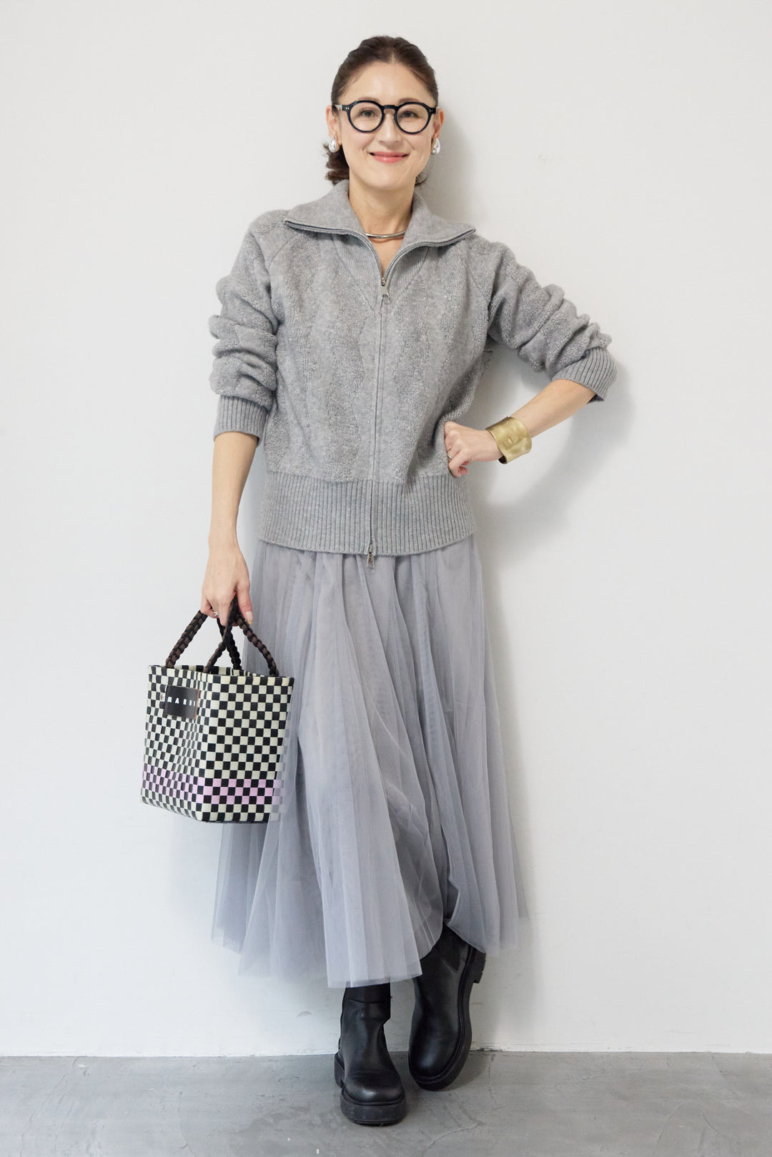 [SET]ラメダブルジップニット+チュールスカート(2set)