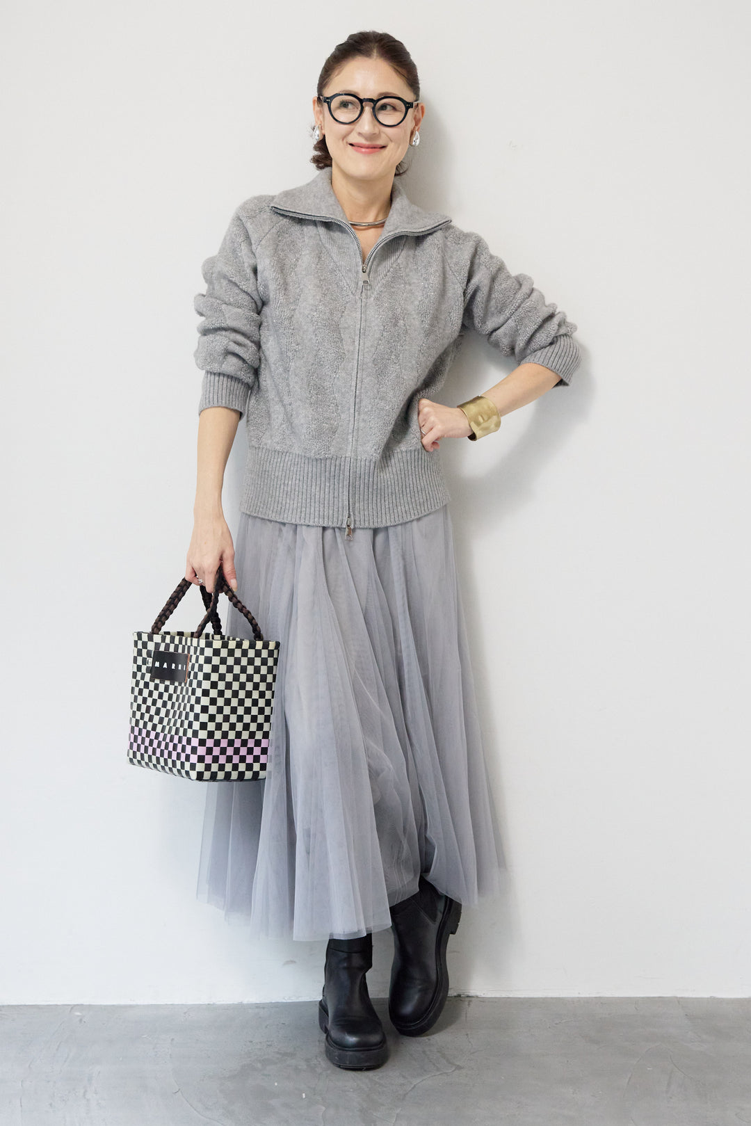 [SET]ラメダブルジップニット+チュールスカート(2set)