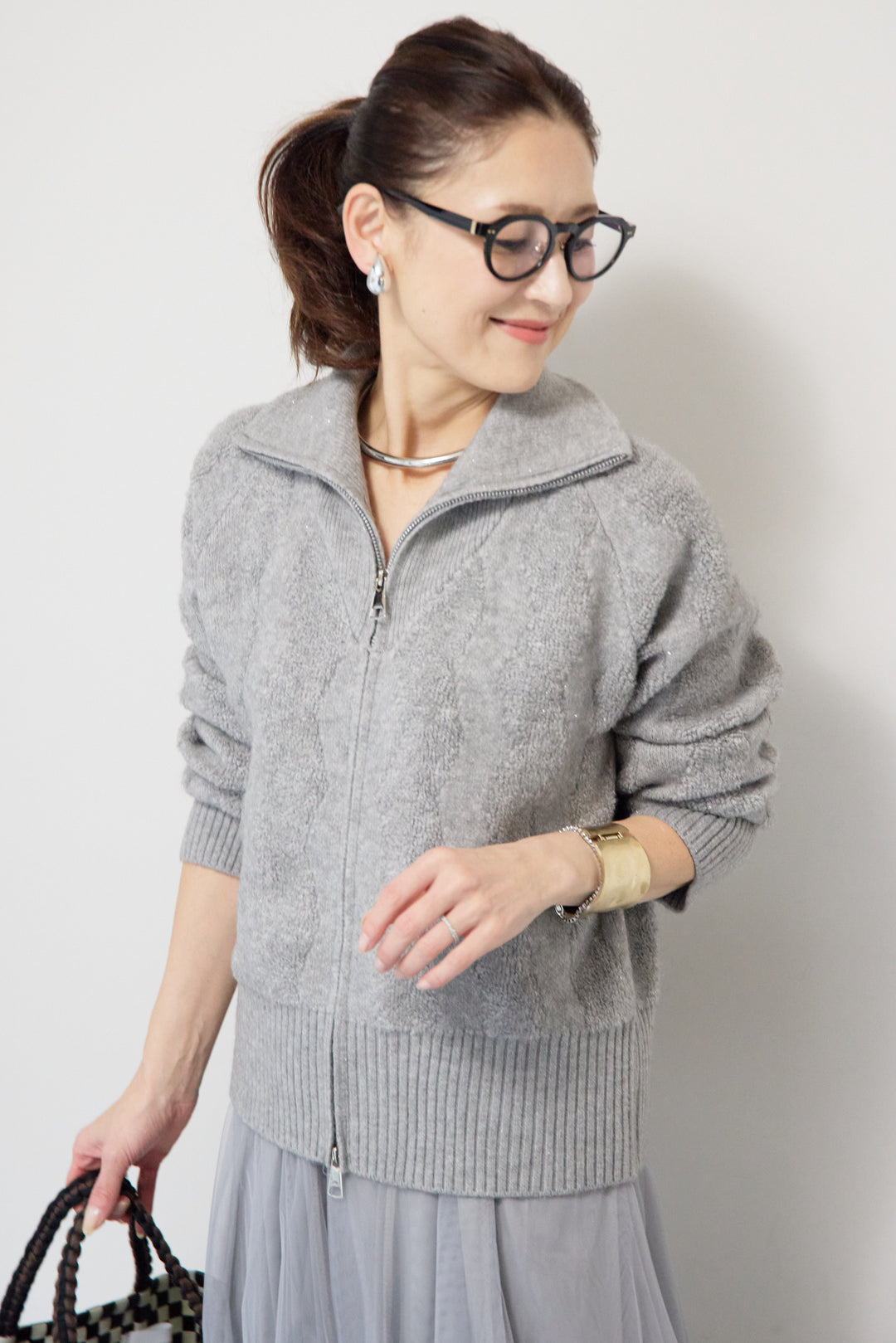 [SET]ラメダブルジップニット+チュールスカート(2set)