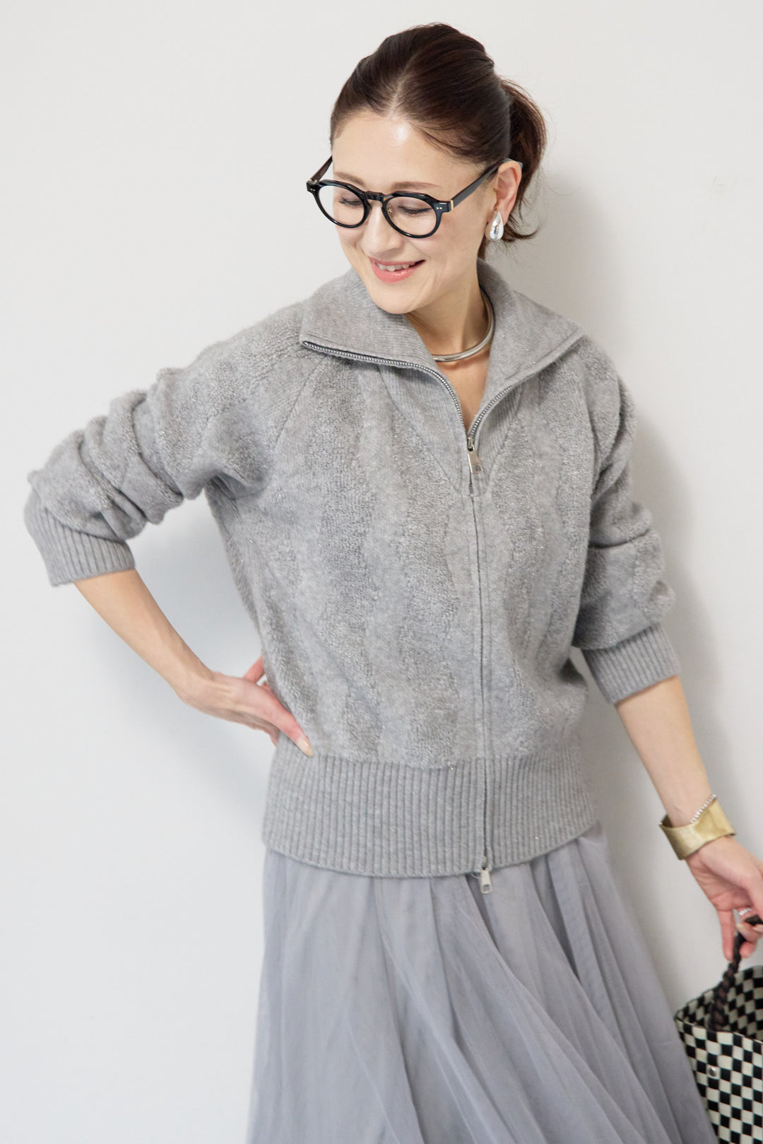 [SET]ラメダブルジップニット+チュールスカート(2set)