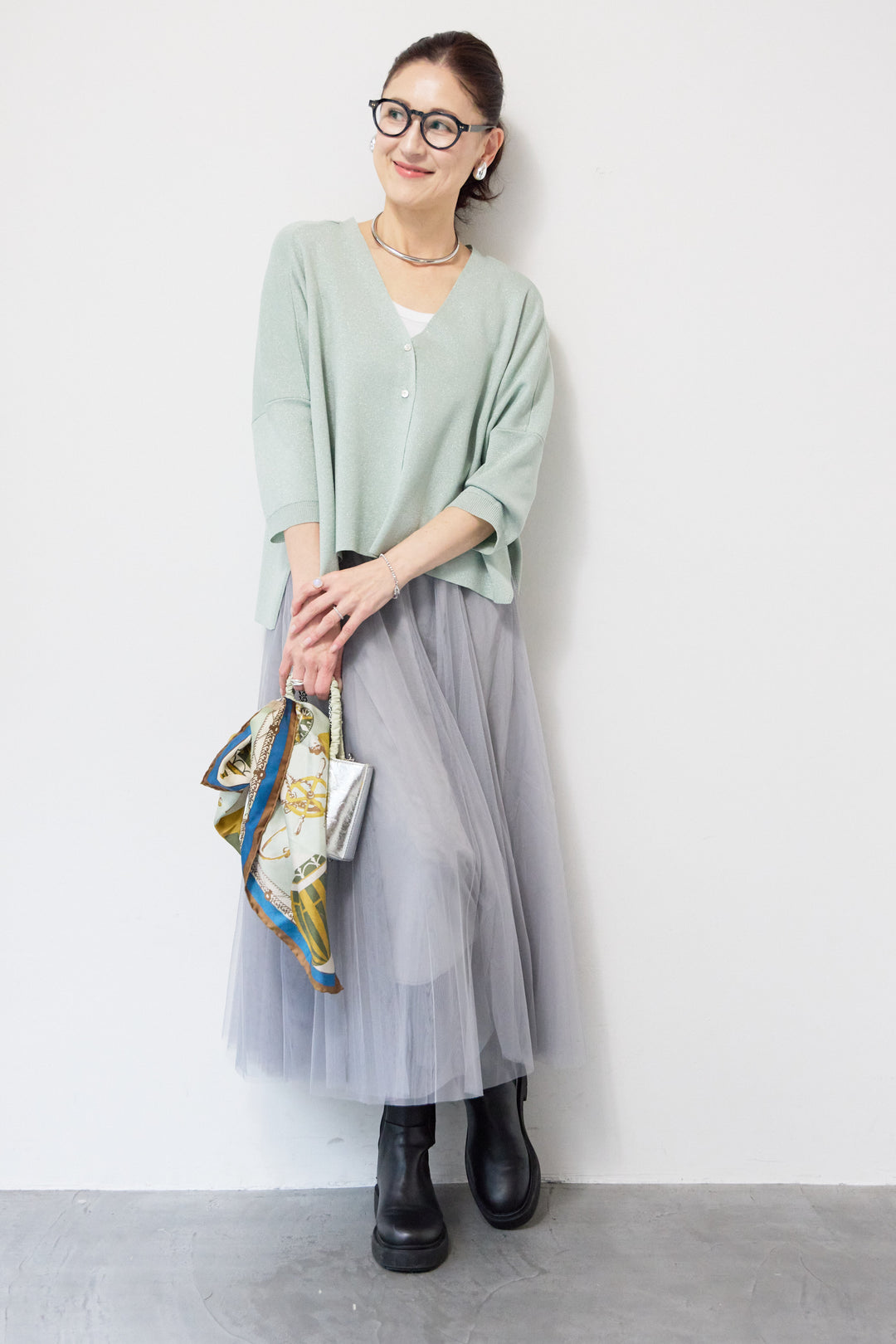 [SET]ウォッシャブルサラッとラメカーディガン+チュールスカート(2set)