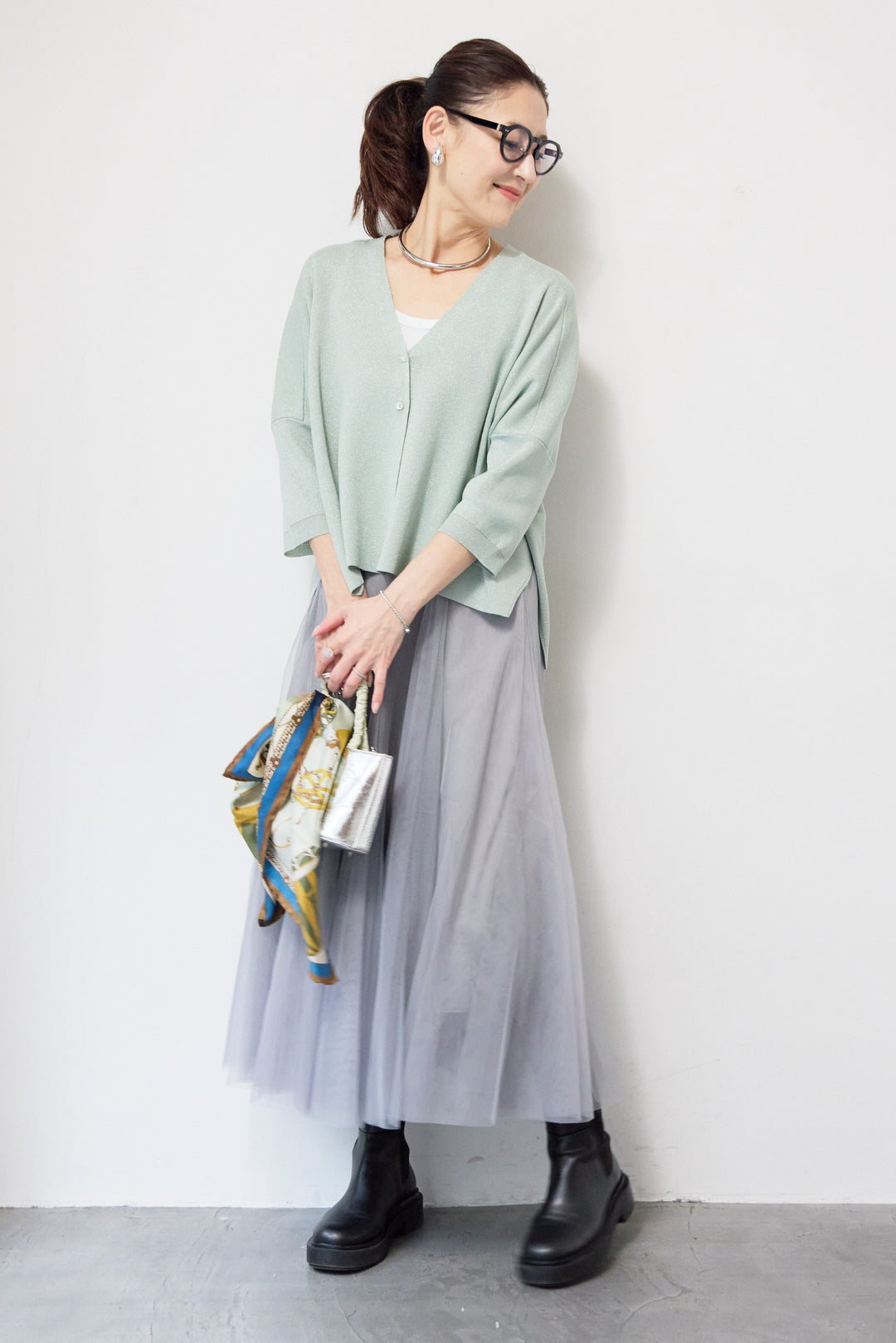 [SET]ウォッシャブルサラッとラメカーディガン+チュールスカート(2set)