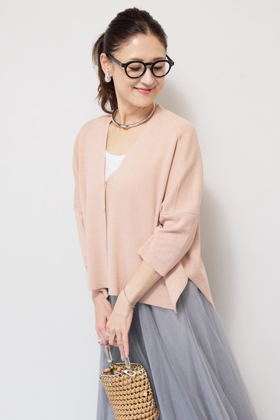 [SET]ウォッシャブルサラッとラメカーディガン+チュールスカート(2set)