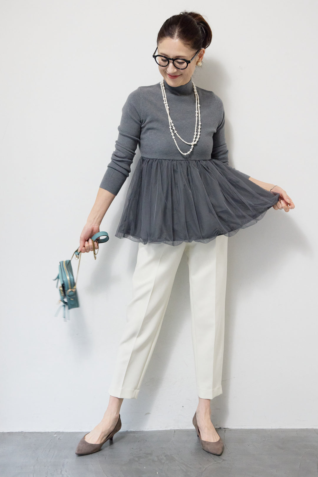 [SET]チュールドッキングニット+ウォッシャブルテーパードパンツ(2set)