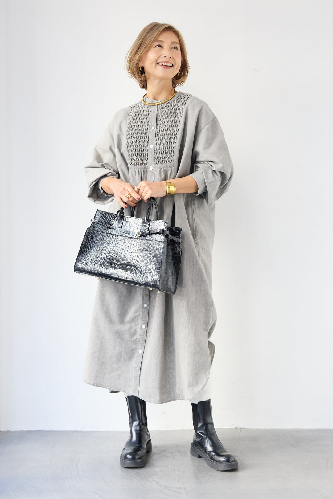 ハンドスモッキングデニムワンピース