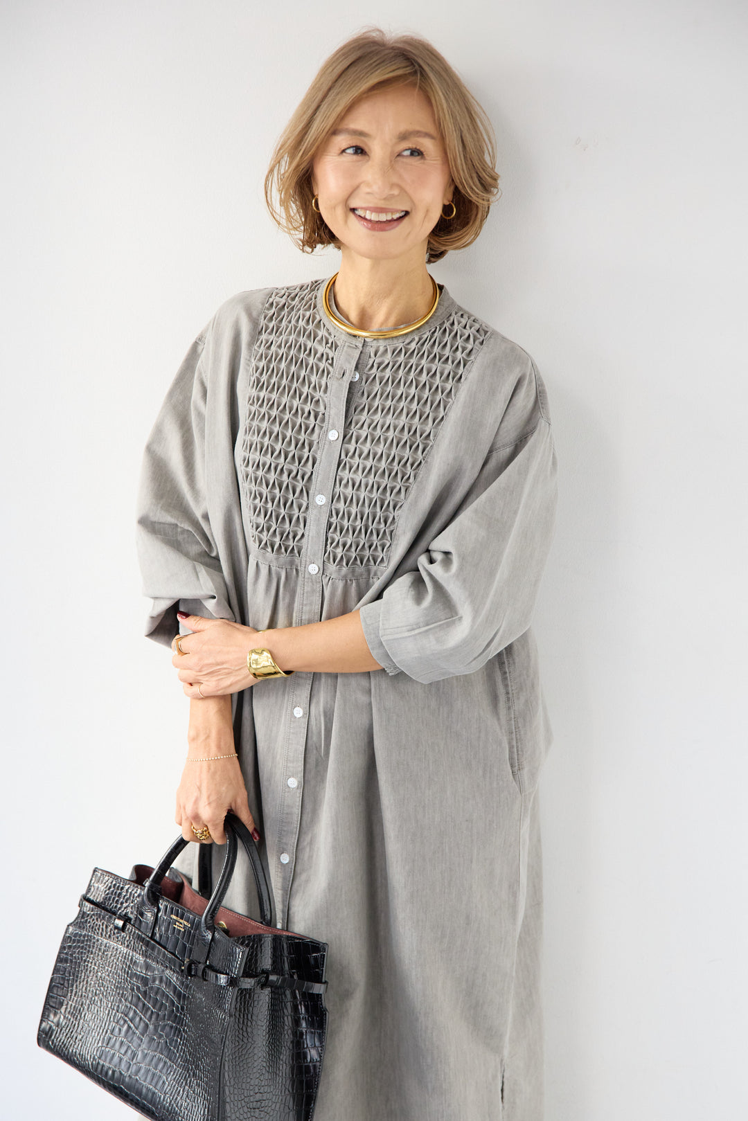 ハンドスモッキングデニムワンピース