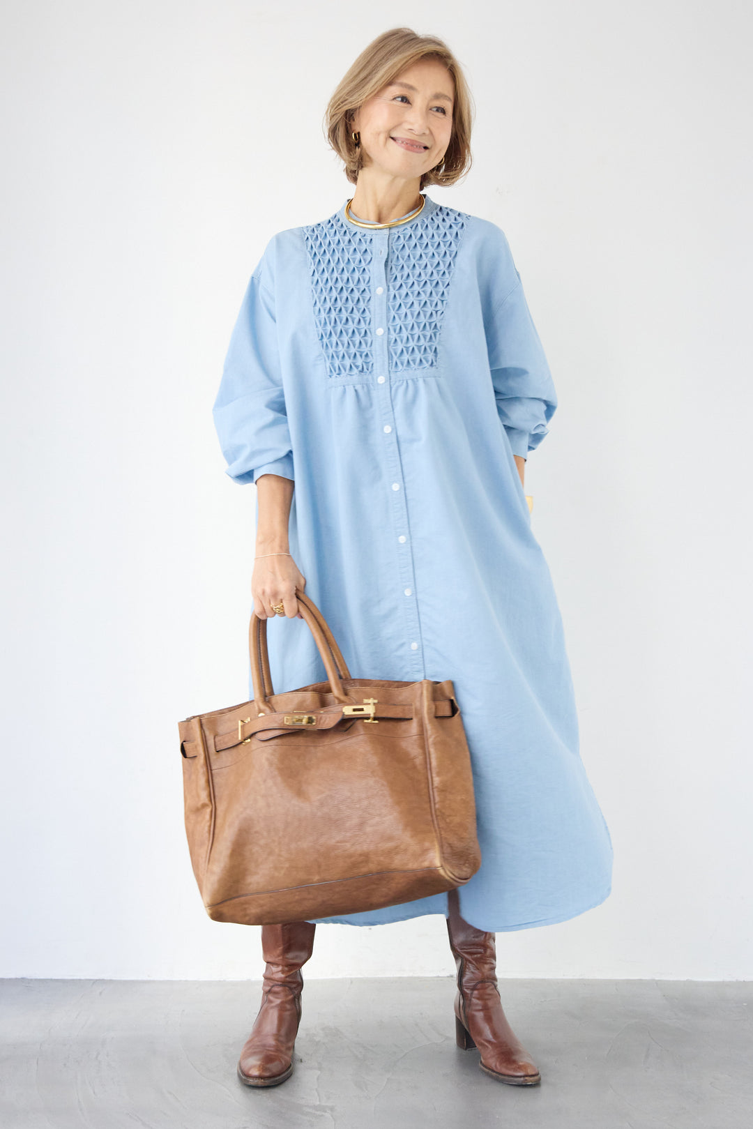 ハンドスモッキングデニムワンピース