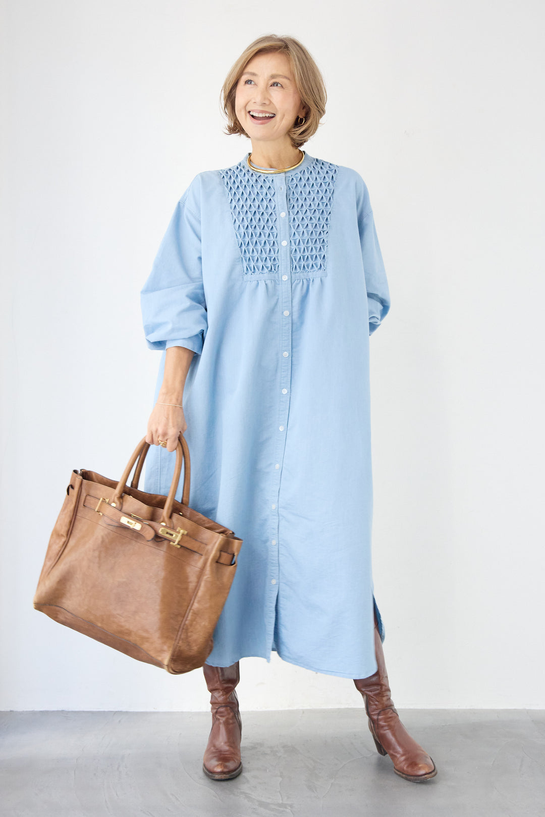 ハンドスモッキングデニムワンピース