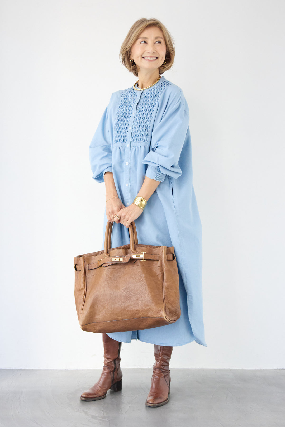 ハンドスモッキングデニムワンピース