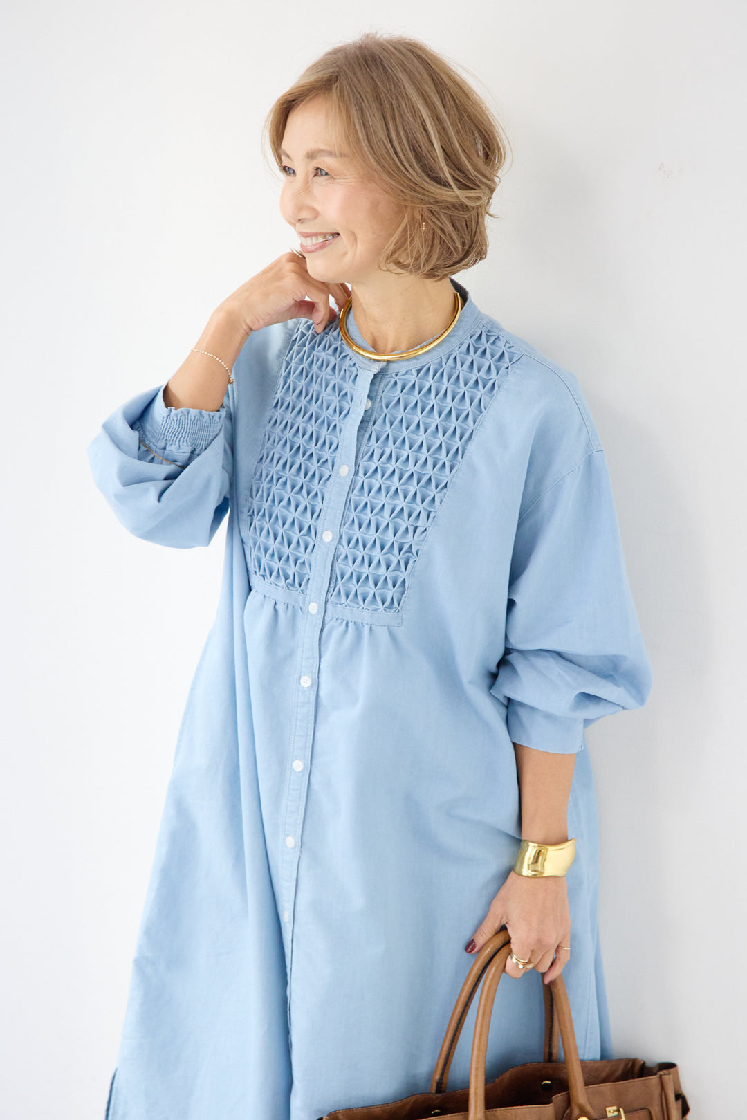 ハンドスモッキングデニムワンピース