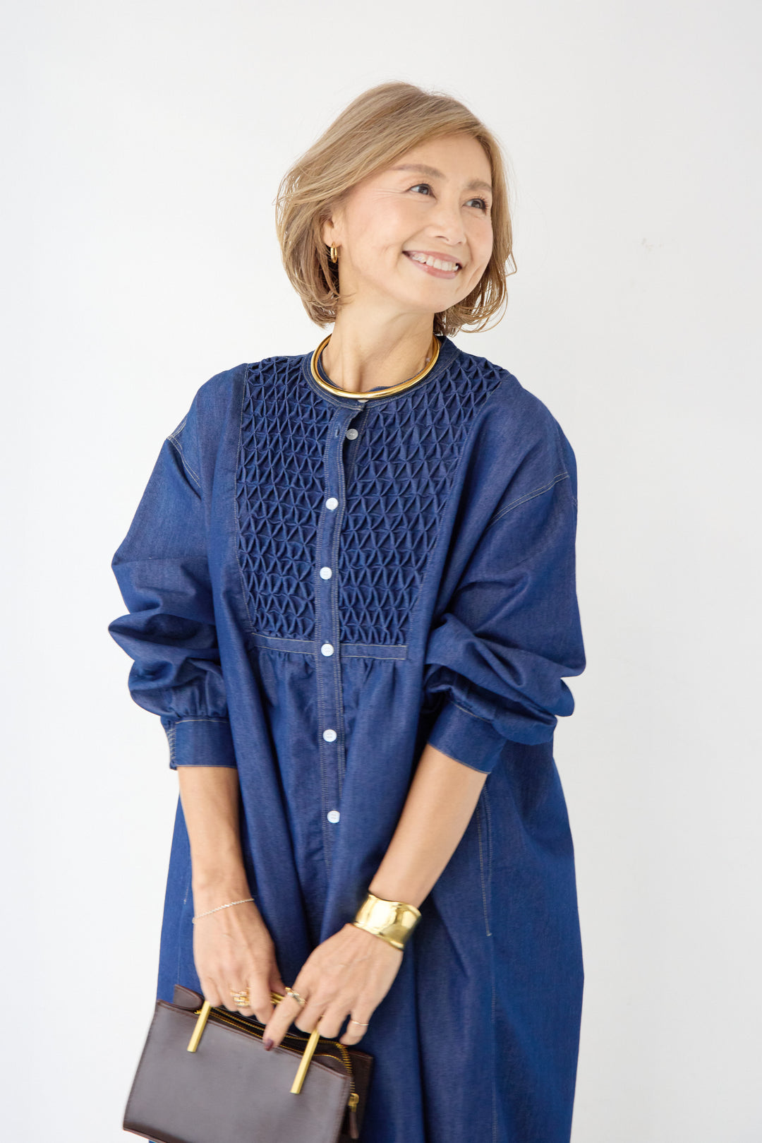 ハンドスモッキングデニムワンピース