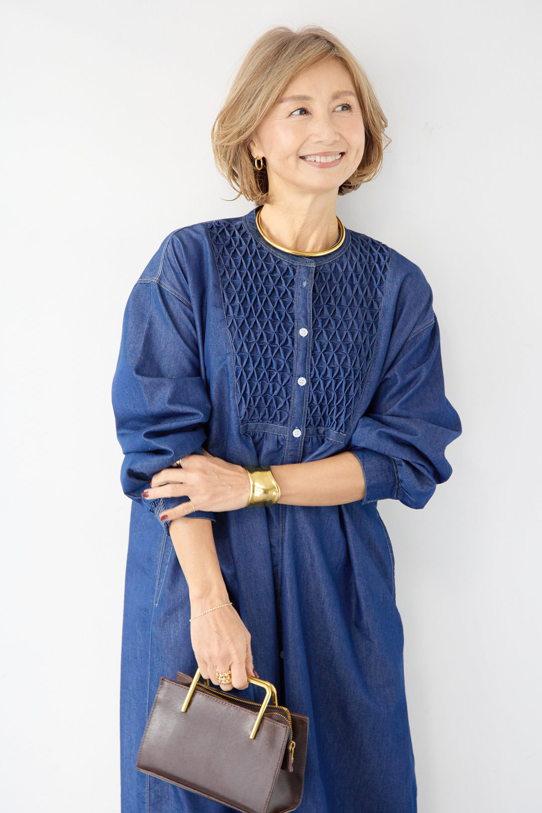 ハンドスモッキングデニムワンピース