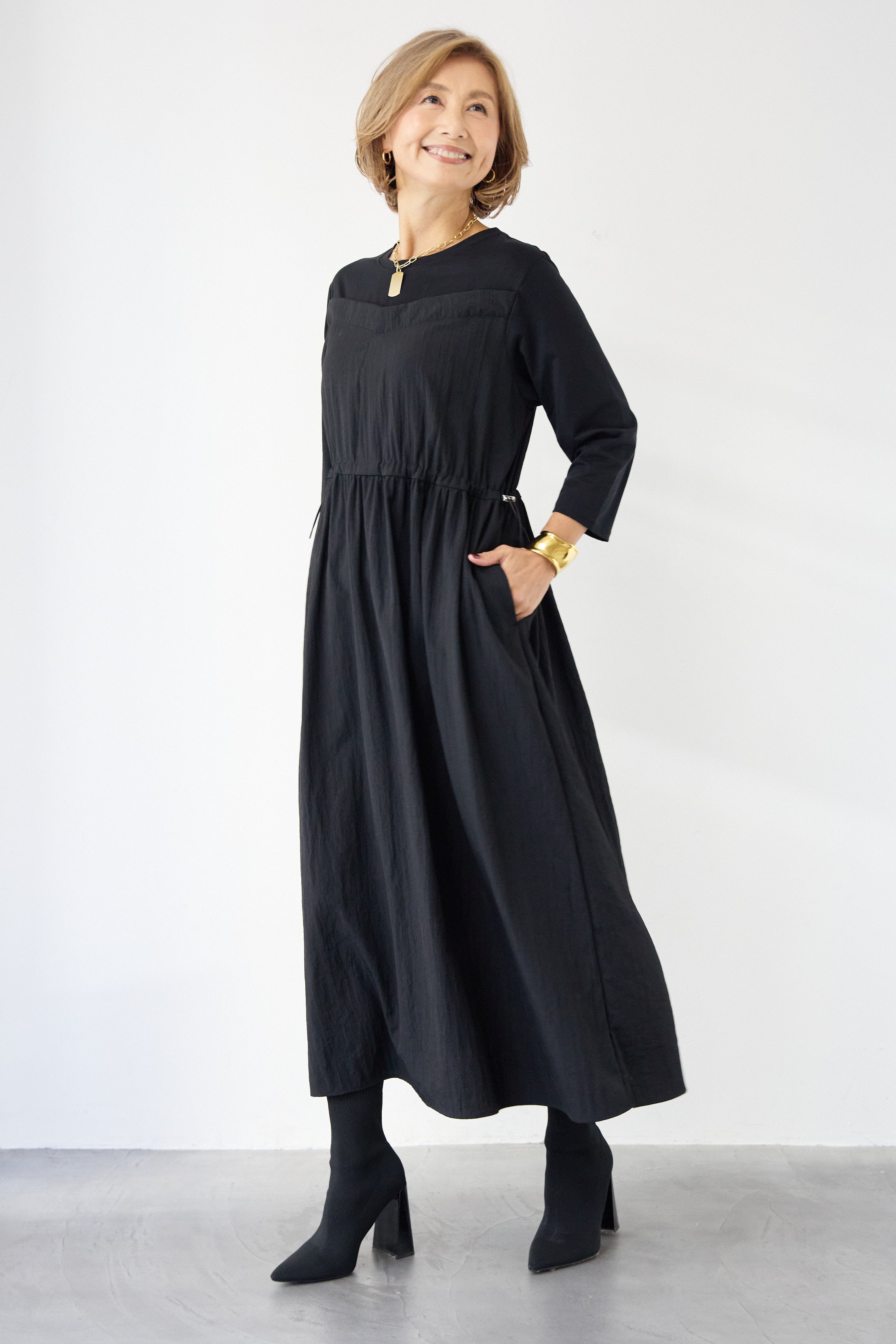 異素材ドッキング カーゴデザイン ワンピース ファッション ワンピース PC5136 異素材ドッキングギャザーワンピース – plusotoha