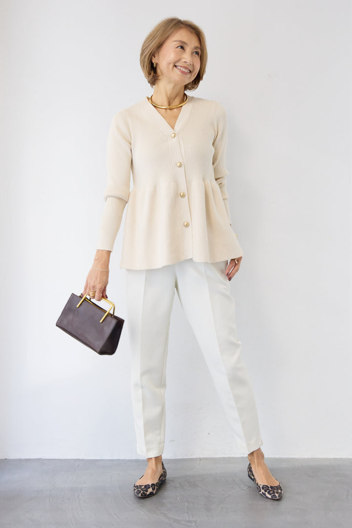 [SET]ゴールドボタンペプラムカーディガン+ウォッシャブルテーパードパンツ(2set)
