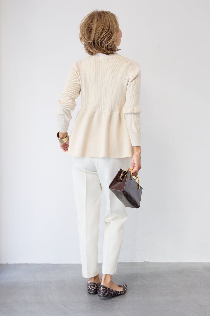 [SET]ゴールドボタンペプラムカーディガン+ウォッシャブルテーパードパンツ(2set)