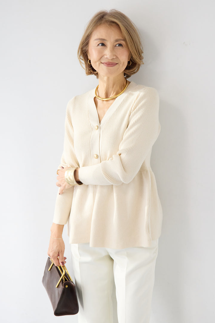 [SET]ゴールドボタンペプラムカーディガン+ウォッシャブルテーパードパンツ(2set)