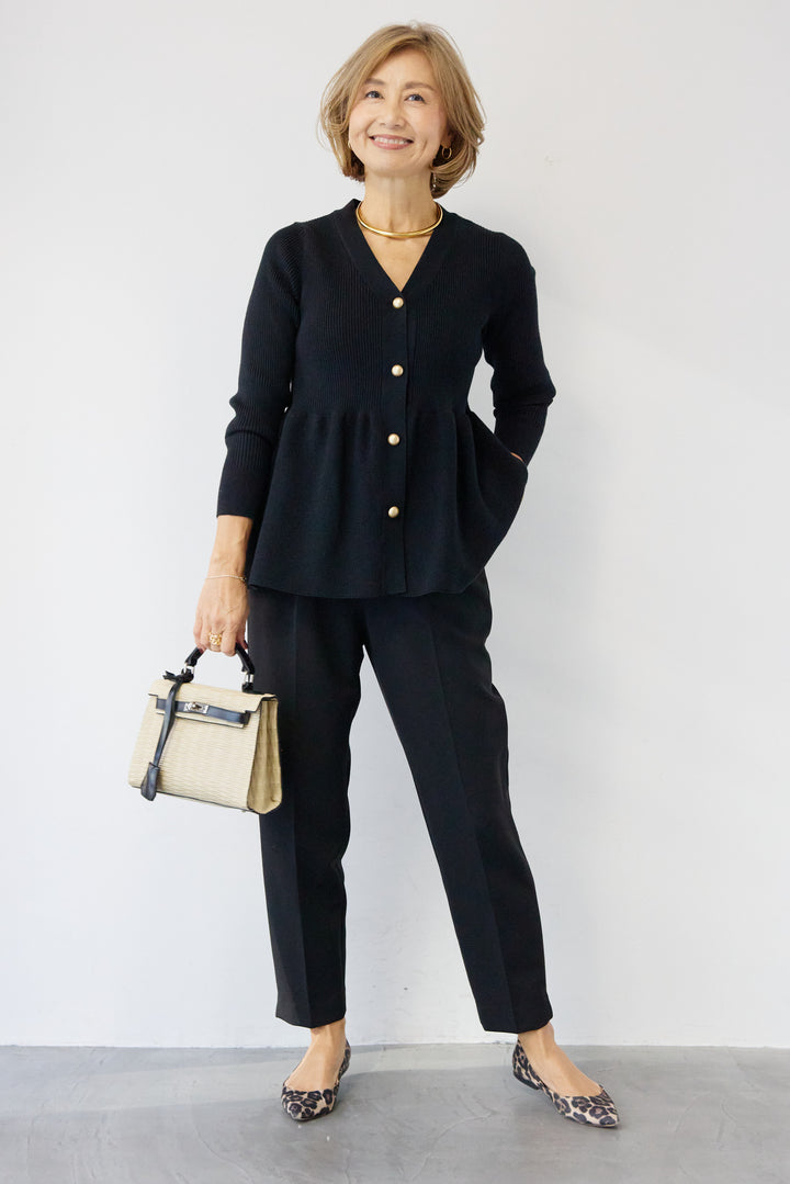 [SET]ゴールドボタンペプラムカーディガン+ウォッシャブルテーパードパンツ(2set)