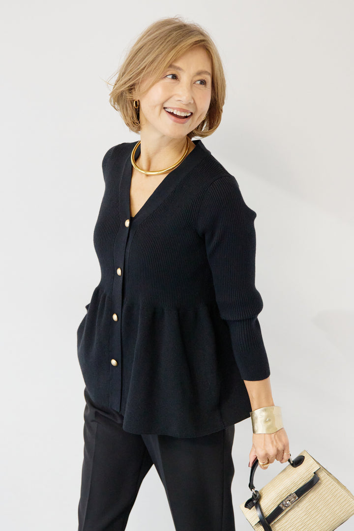 [SET]ゴールドボタンペプラムカーディガン+ウォッシャブルテーパードパンツ(2set)