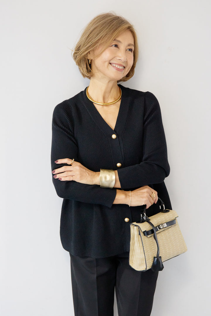 [SET]ゴールドボタンペプラムカーディガン+ウォッシャブルテーパードパンツ(2set)