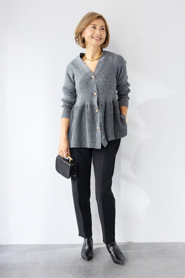 [SET]ゴールドボタンペプラムカーディガン+ウォッシャブルテーパードパンツ(2set)