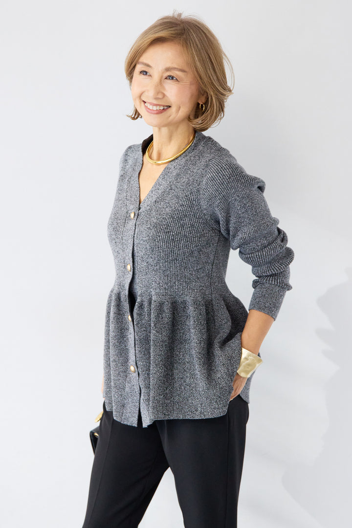 [SET]ゴールドボタンペプラムカーディガン+ウォッシャブルテーパードパンツ(2set)