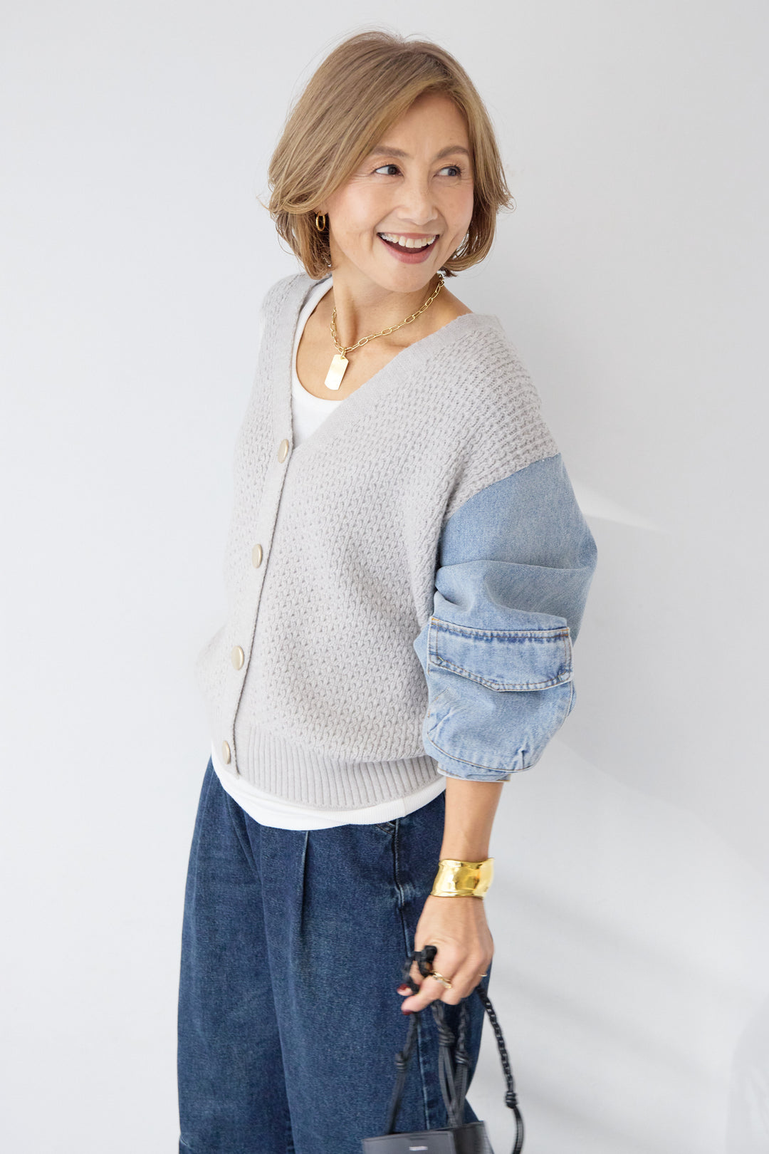 デニムスリーブニットカーディガン