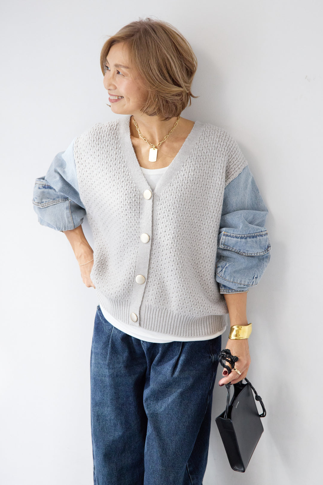 デニムスリーブニットカーディガン