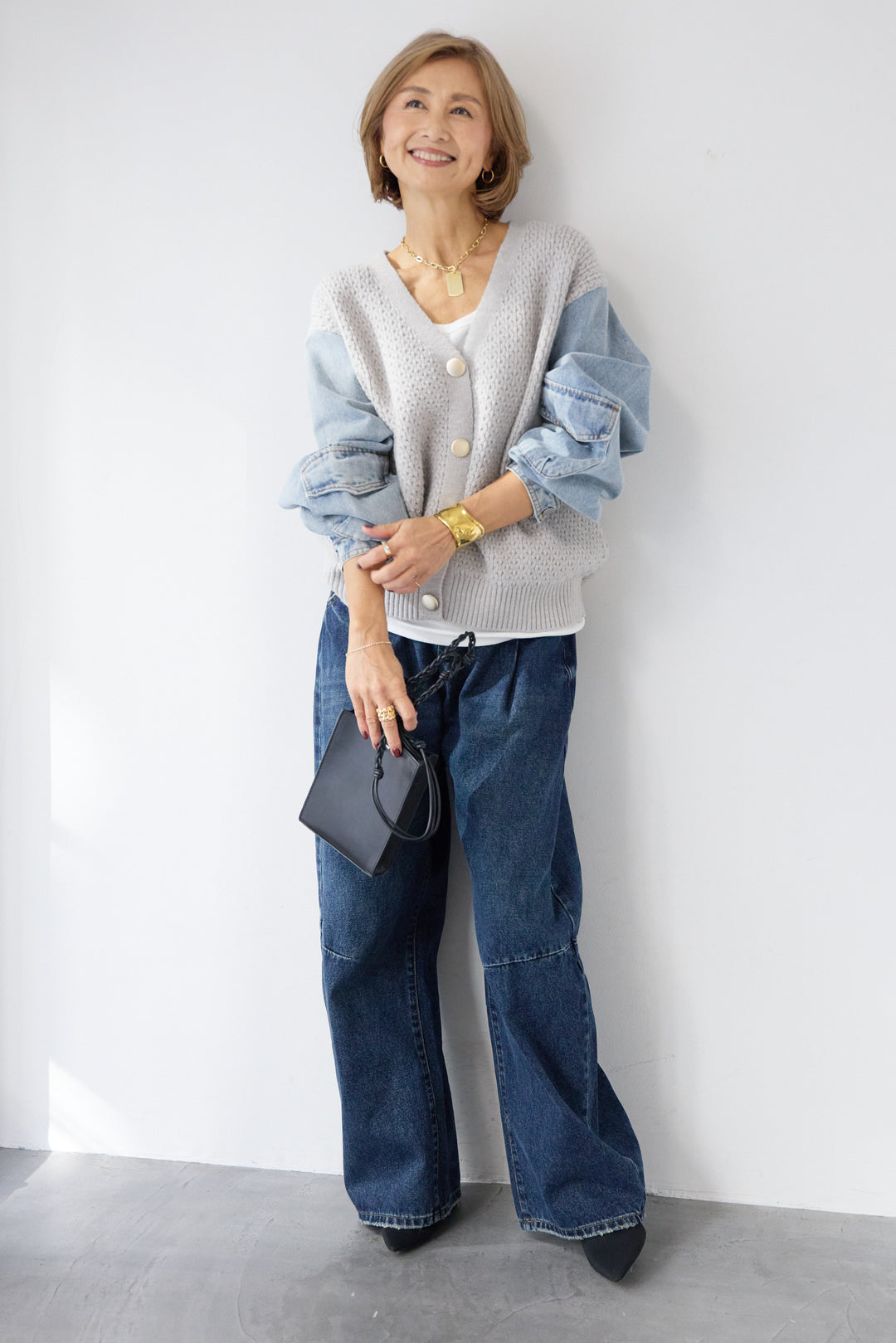 デニムスリーブニットカーディガン