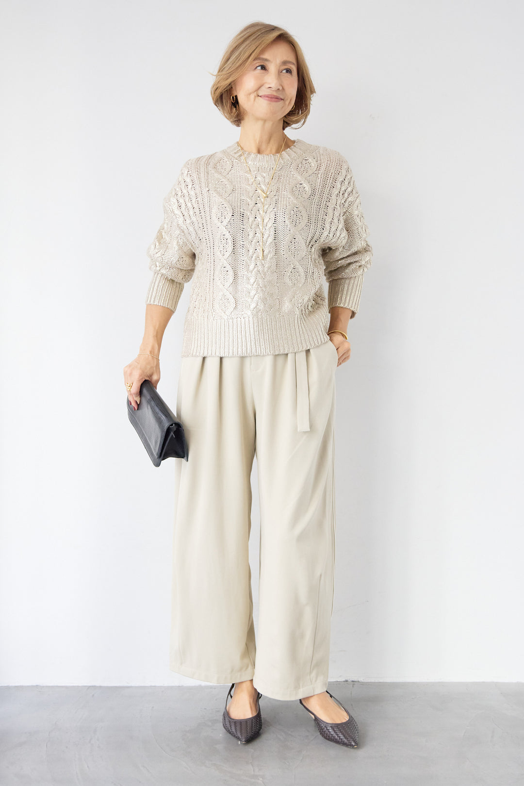 [SET]箔デザインケーブルニット+カービーパンツ(2set)