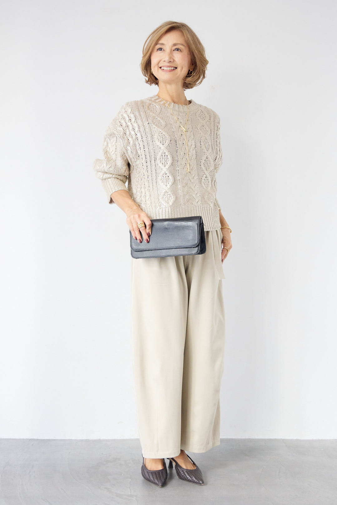 [SET]箔デザインケーブルニット+カービーパンツ(2set)