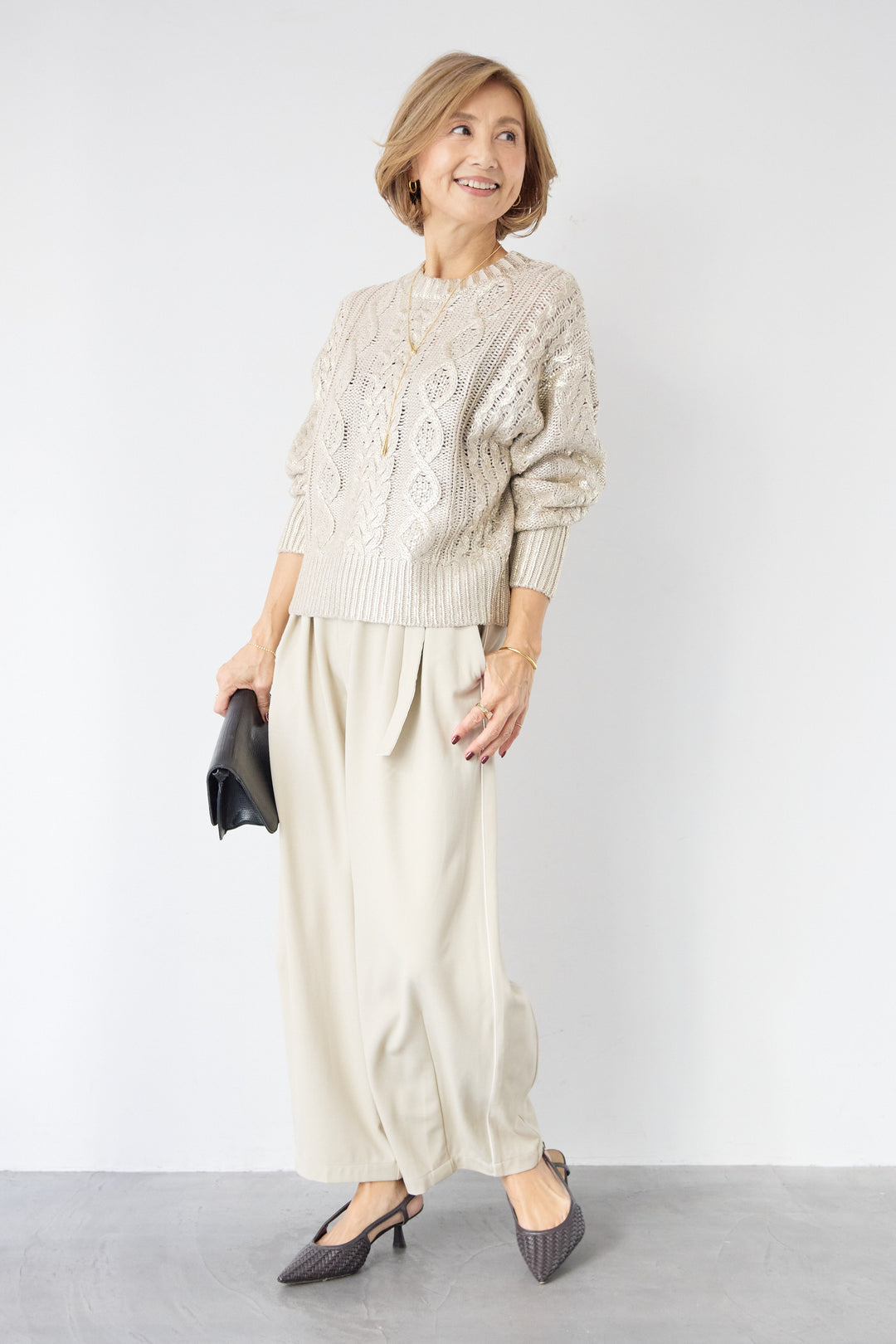 [SET]箔デザインケーブルニット+カービーパンツ(2set)