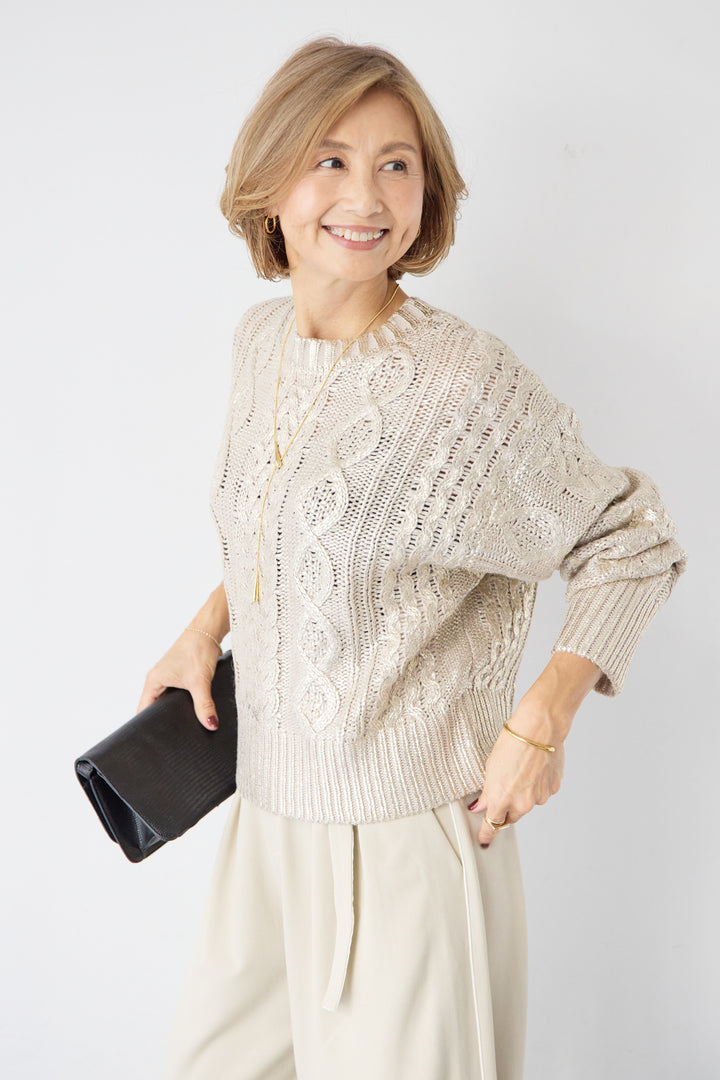 [SET]箔デザインケーブルニット+カービーパンツ(2set)