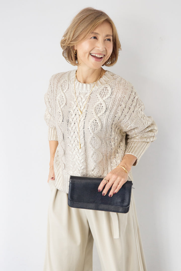 [SET]箔デザインケーブルニット+カービーパンツ(2set)