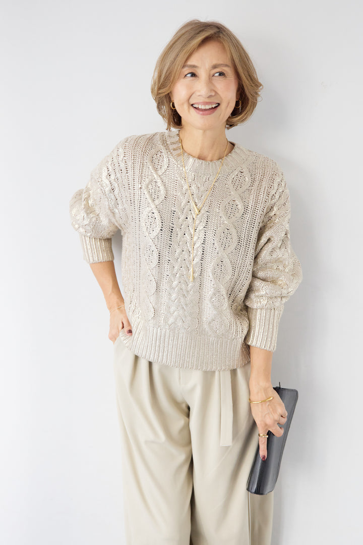 [SET]箔デザインケーブルニット+カービーパンツ(2set)