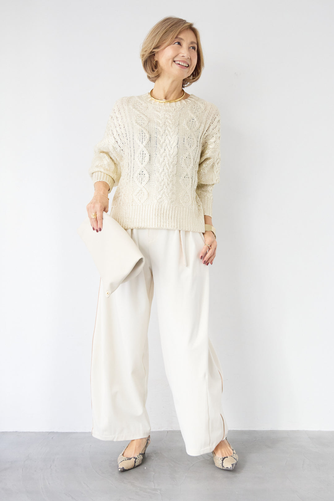 [SET]箔デザインケーブルニット+カービーパンツ(2set)