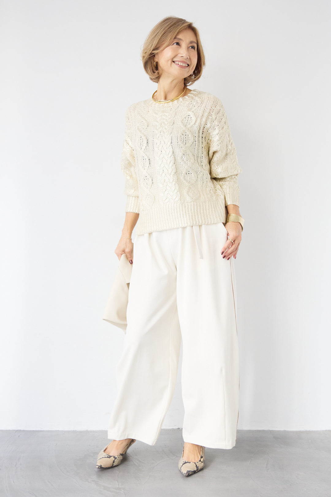 [SET]箔デザインケーブルニット+カービーパンツ(2set)