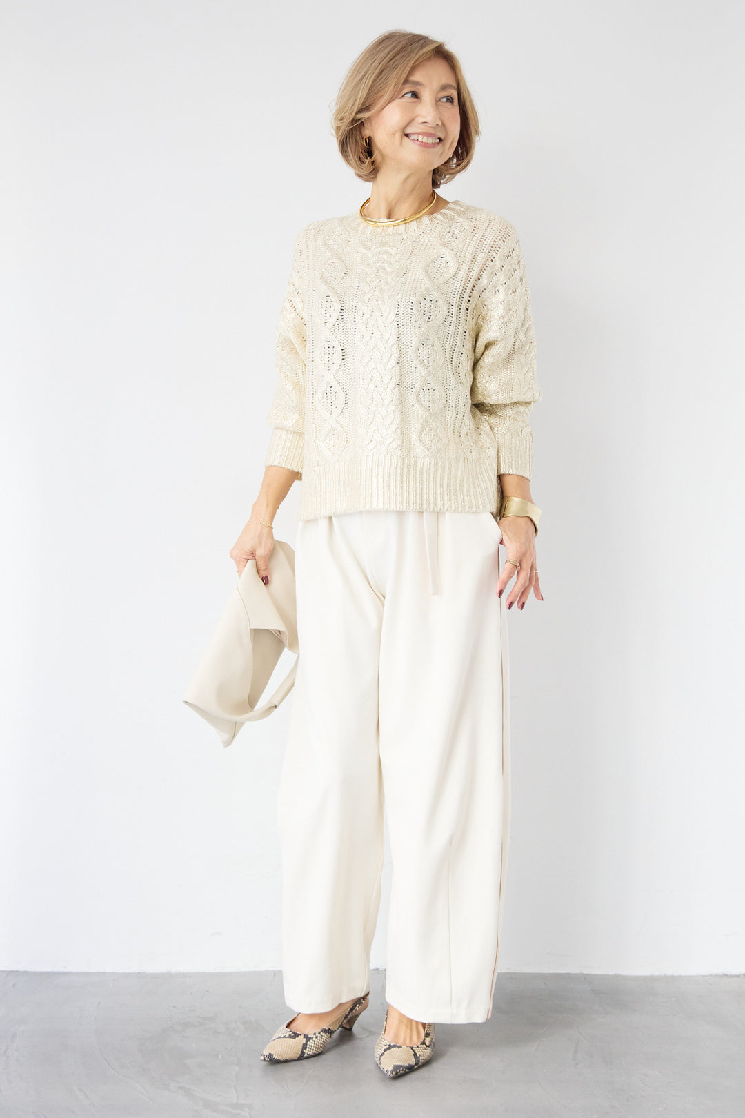 [SET]箔デザインケーブルニット+カービーパンツ(2set)