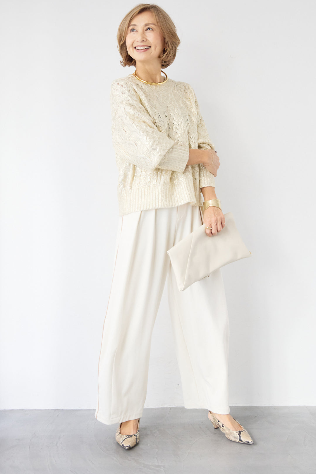 [SET]箔デザインケーブルニット+カービーパンツ(2set)