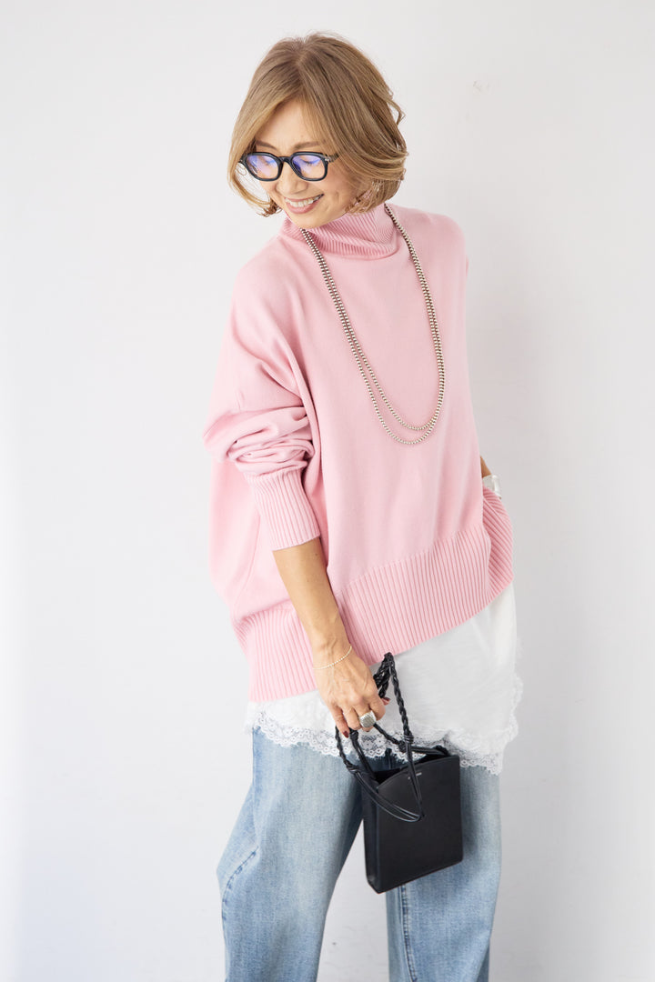 [SET]ゆるシルエットタートルネックニット+アシメレースキャミソール(2set)