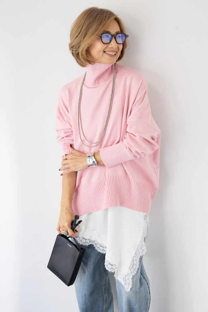 [SET]ゆるシルエットタートルネックニット+アシメレースキャミソール(2set)