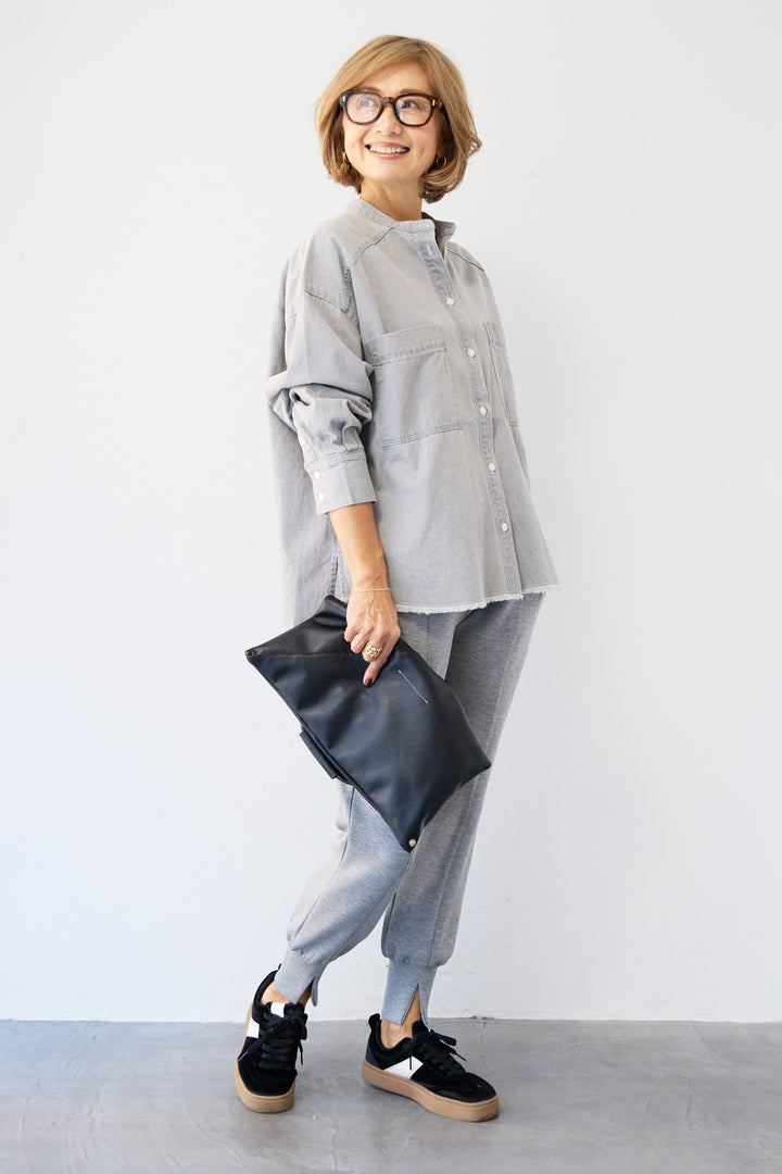 コットンデニムノーカラーシャツ