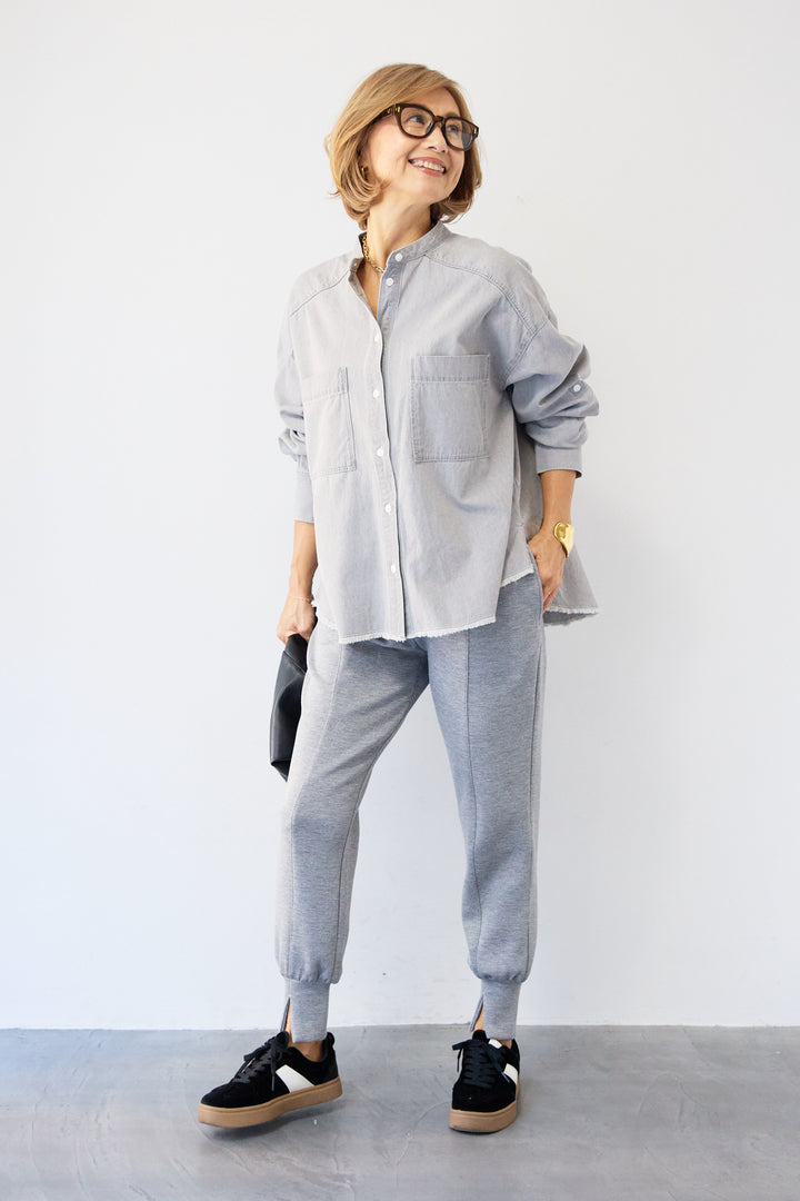 コットンデニムノーカラーシャツ