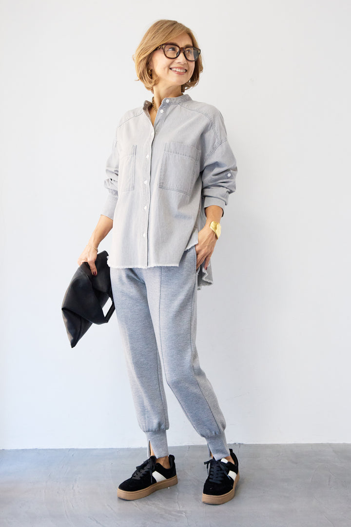 コットンデニムノーカラーシャツ