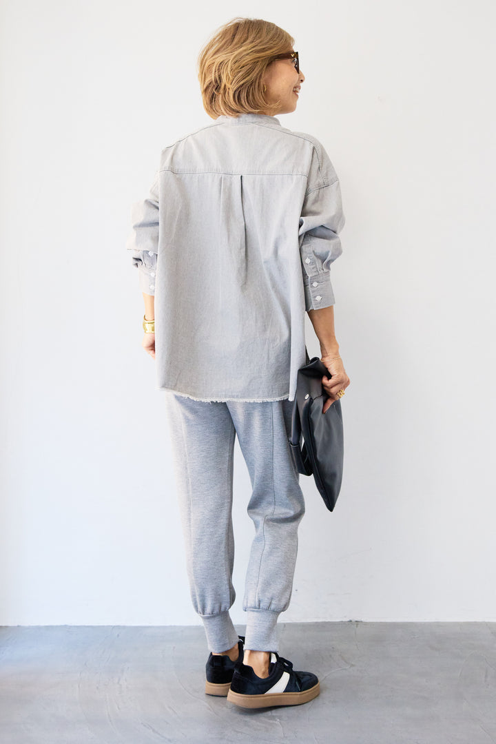 コットンデニムノーカラーシャツ