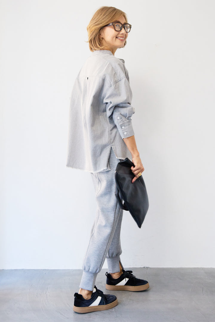 コットンデニムノーカラーシャツ