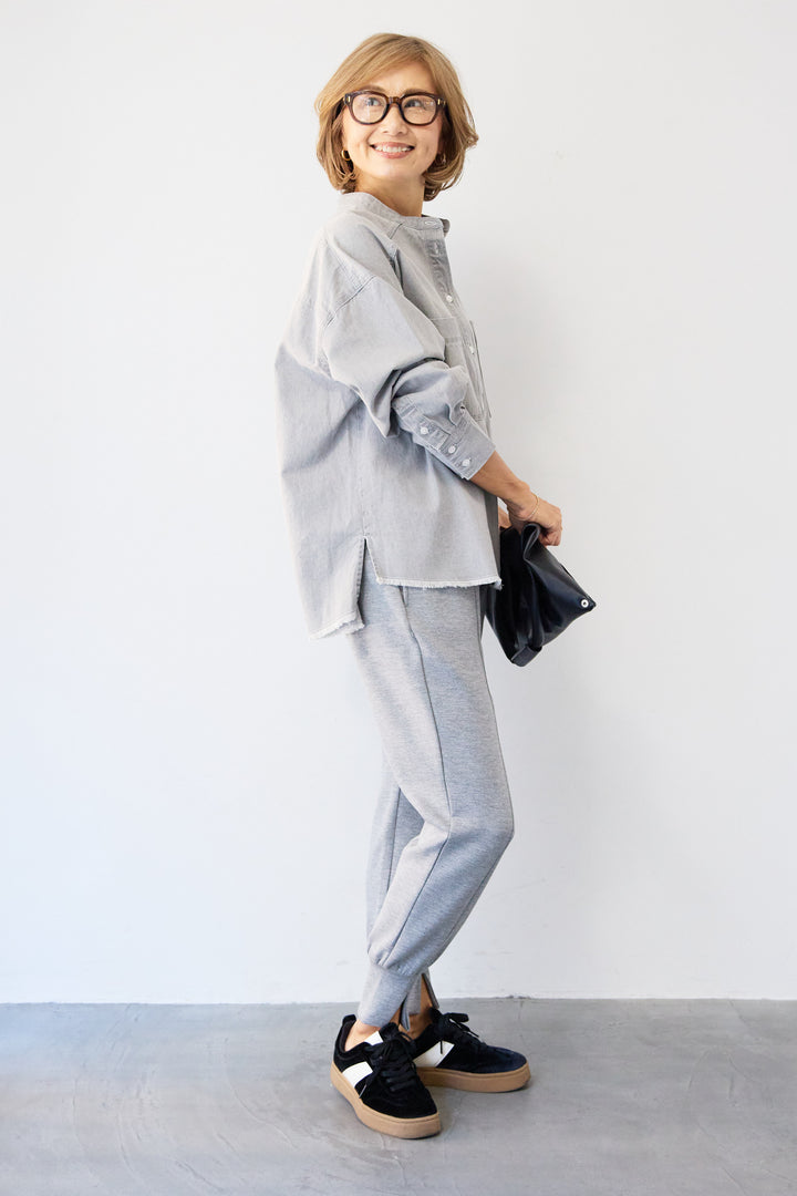 コットンデニムノーカラーシャツ