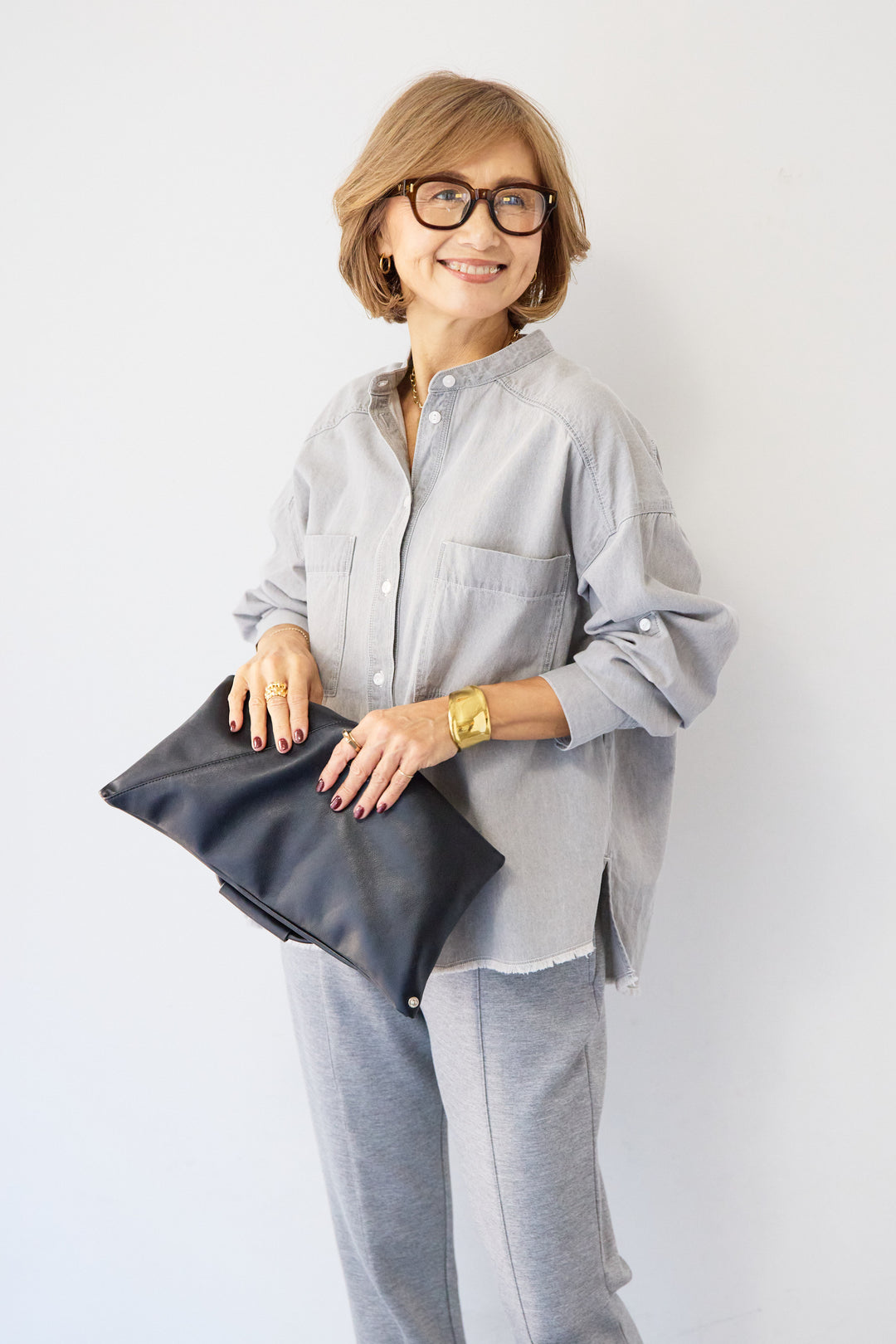 コットンデニムノーカラーシャツ