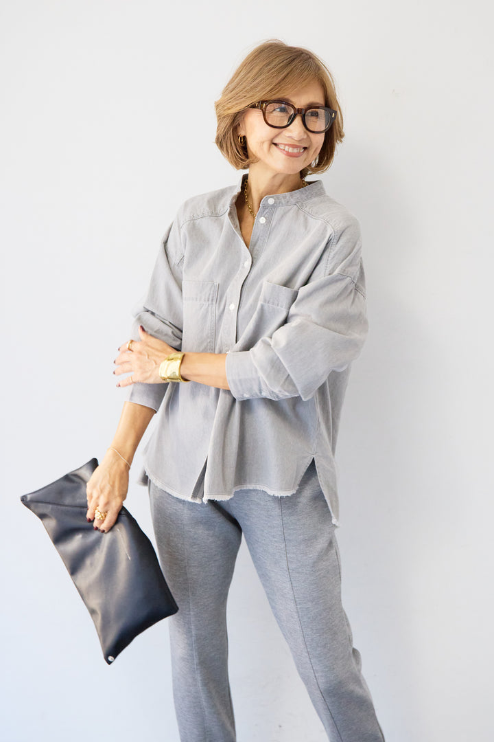 コットンデニムノーカラーシャツ