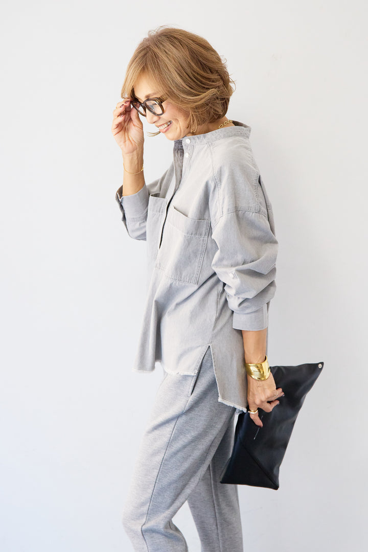 コットンデニムノーカラーシャツ