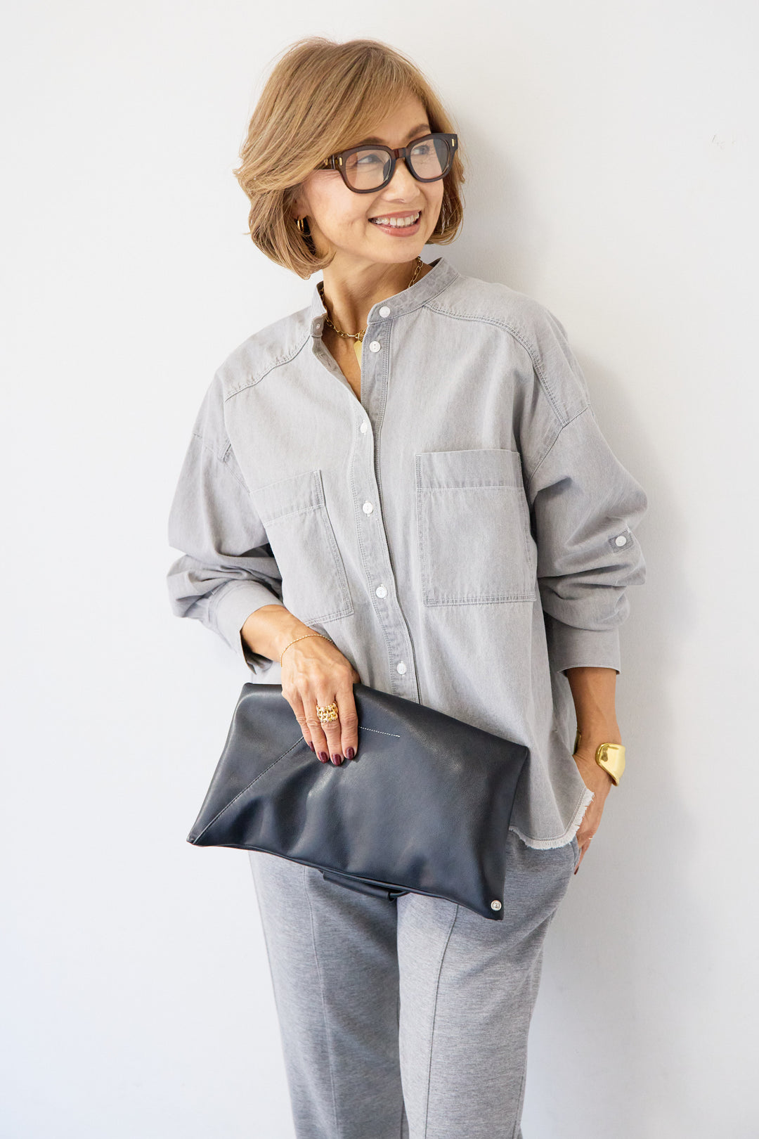 コットンデニムノーカラーシャツ